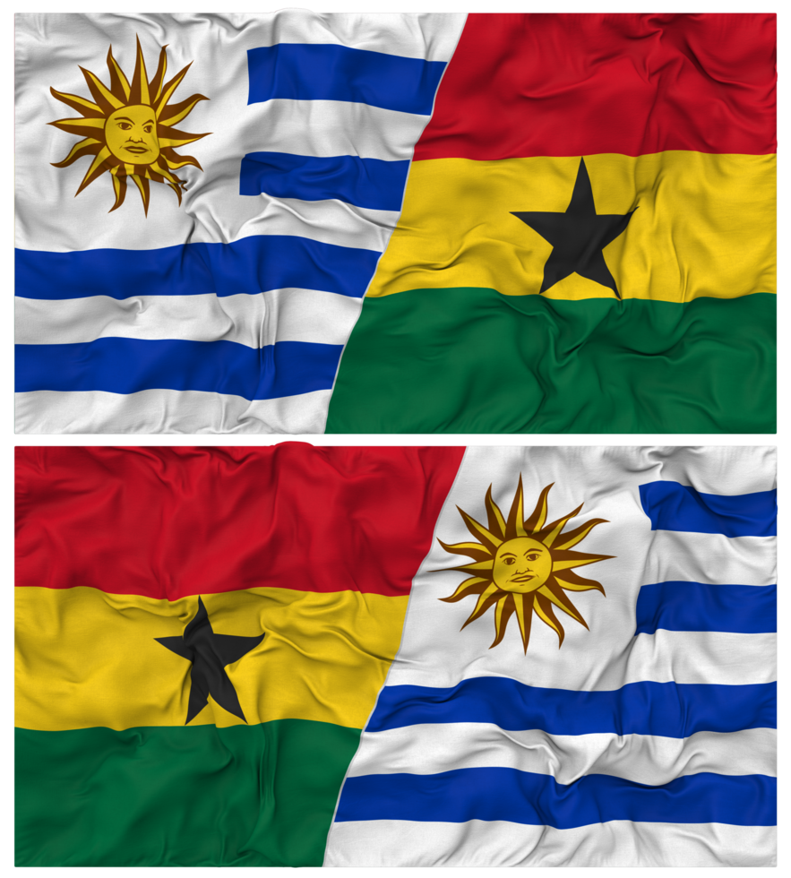 Ghana and Uruguay Half Combined Flags Background with Cloth Bump Texture, Bilateral Relations, Peace and Conflict, 3D Rendering png