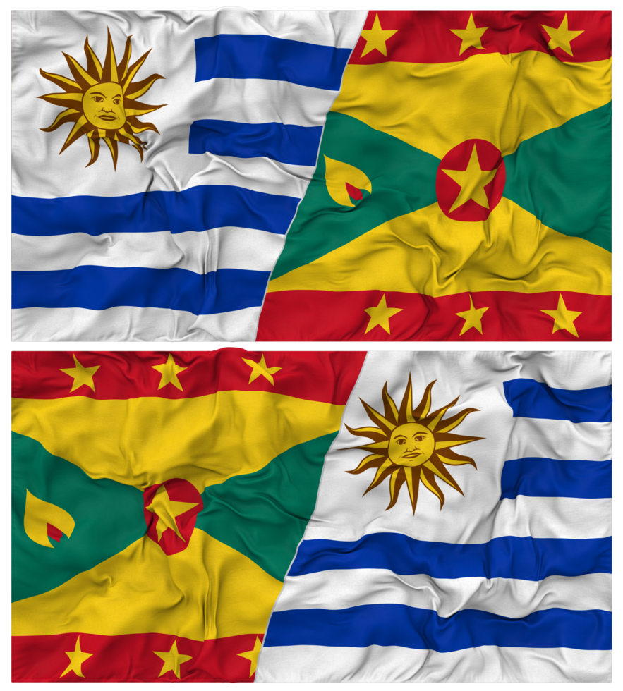 Grenada and Uruguay Half Combined Flags Background with Cloth Bump Texture, Bilateral Relations, Peace and Conflict, 3D Rendering png