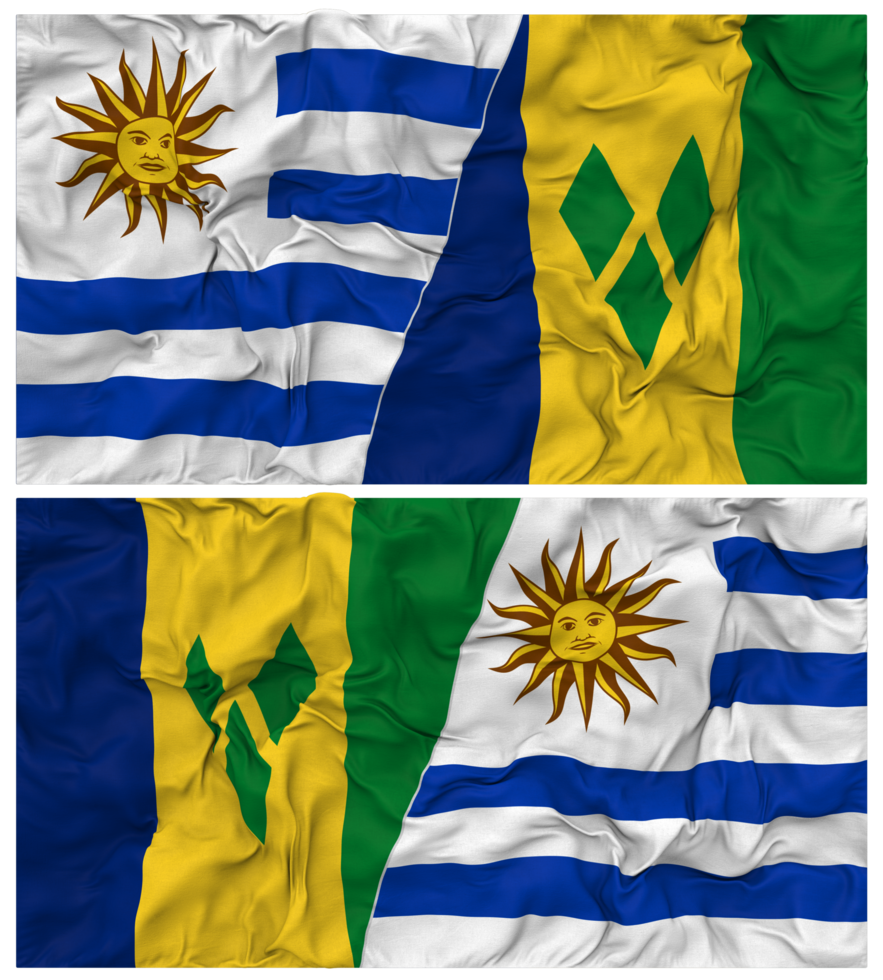 Saint Vincent and the Grenadines and Uruguay Half Combined Flags Background with Cloth Bump Texture, Bilateral Relations, Peace and Conflict, 3D Rendering png