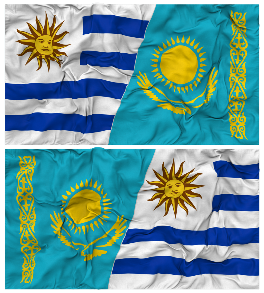 Kazakhstan and Uruguay Half Combined Flags Background with Cloth Bump Texture, Bilateral Relations, Peace and Conflict, 3D Rendering png