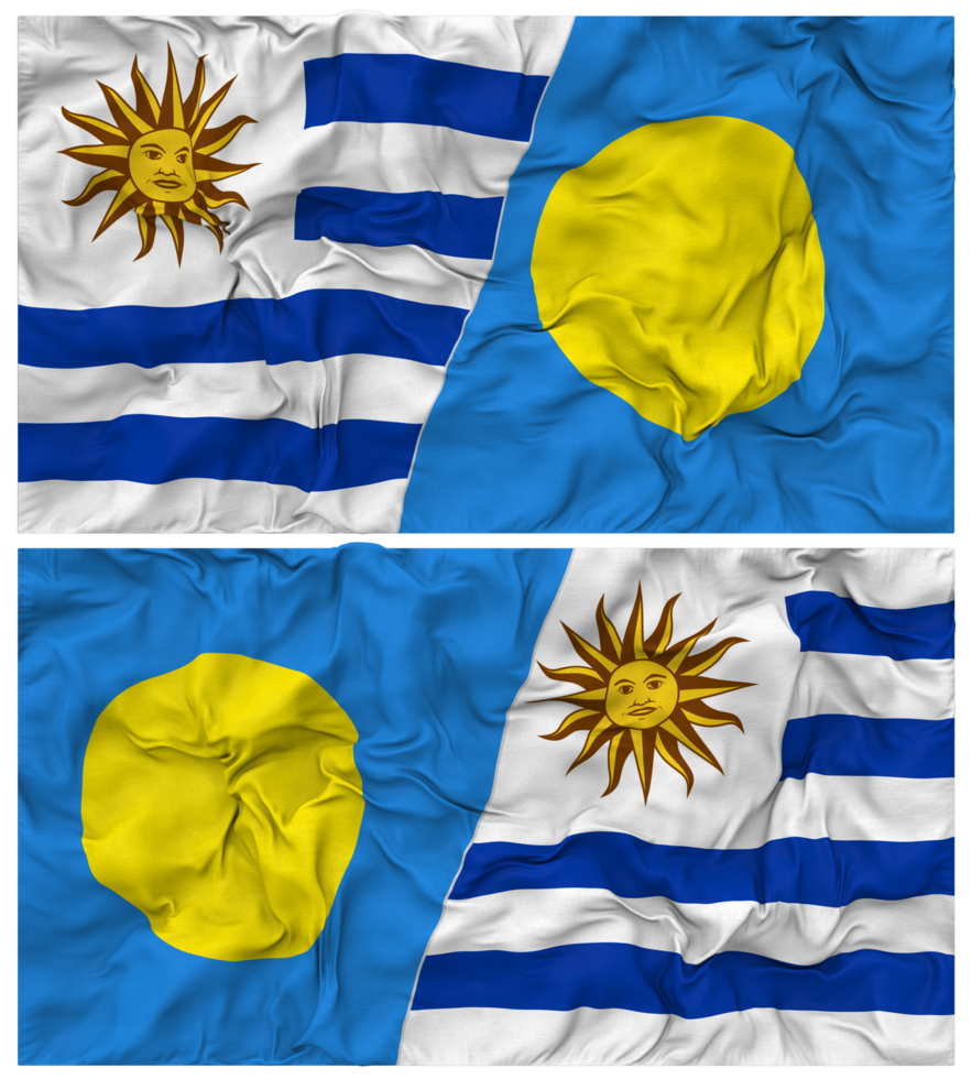 Palau and Uruguay Half Combined Flags Background with Cloth Bump Texture, Bilateral Relations, Peace and Conflict, 3D Rendering png