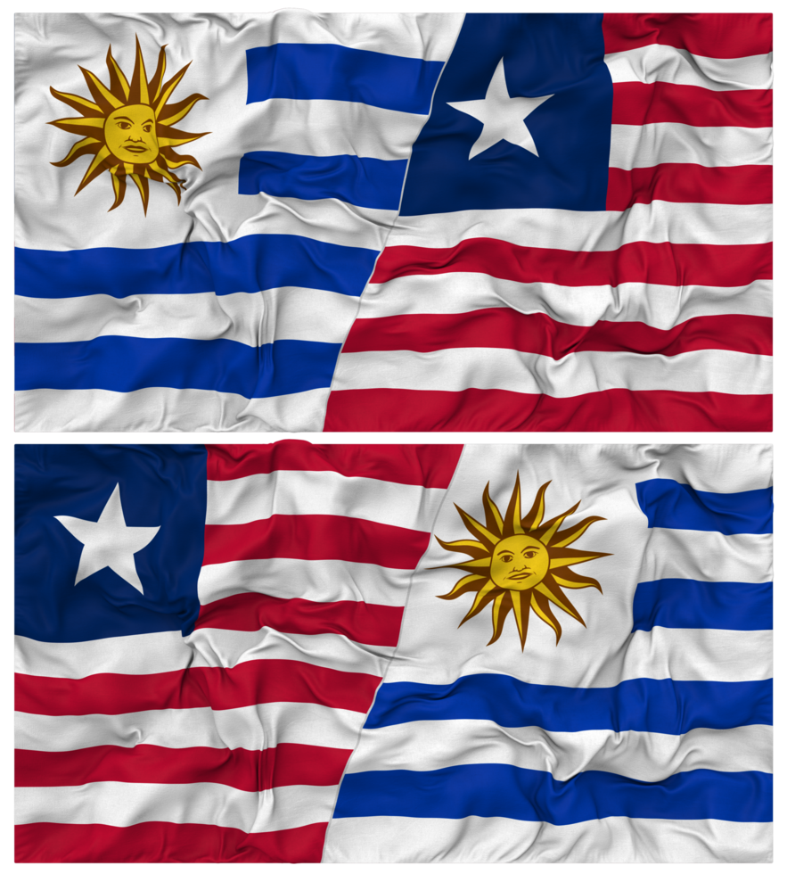 Liberia and Uruguay Half Combined Flags Background with Cloth Bump Texture, Bilateral Relations, Peace and Conflict, 3D Rendering png