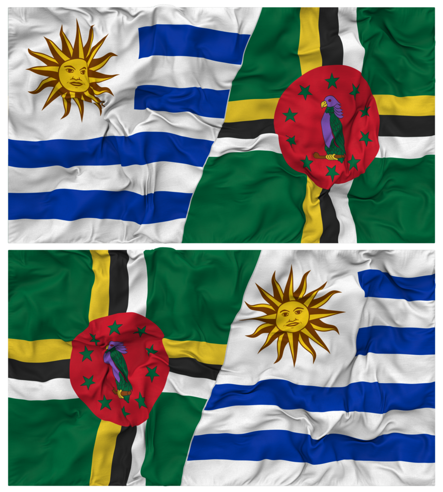 Dominica and Uruguay Half Combined Flags Background with Cloth Bump Texture, Bilateral Relations, Peace and Conflict, 3D Rendering png