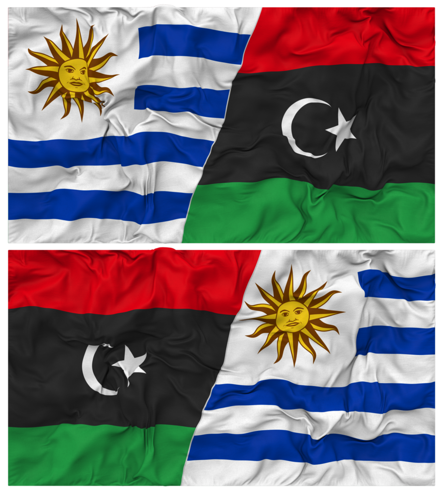 Libya and Uruguay Half Combined Flags Background with Cloth Bump Texture, Bilateral Relations, Peace and Conflict, 3D Rendering png