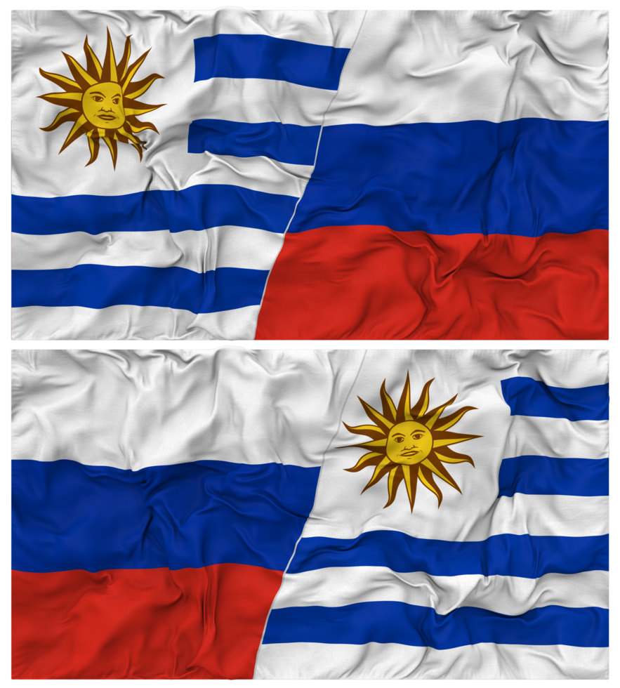 Russia and Uruguay Half Combined Flags Background with Cloth Bump Texture, Bilateral Relations, Peace and Conflict, 3D Rendering png