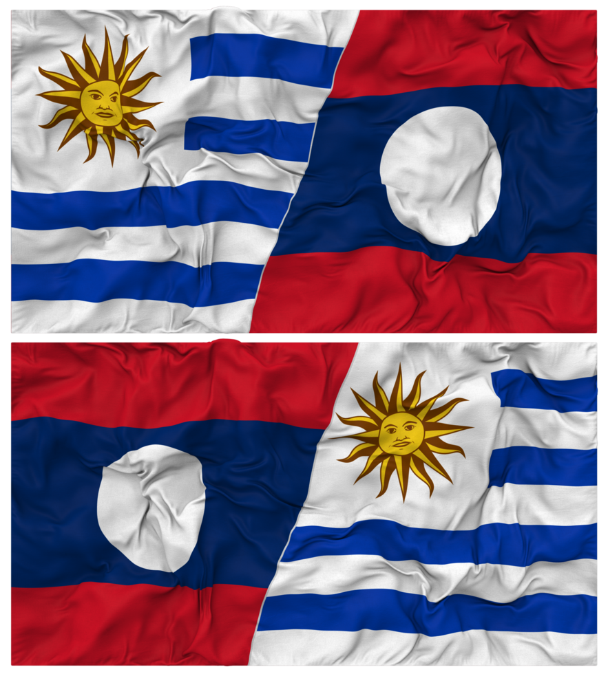 Laos and Uruguay Half Combined Flags Background with Cloth Bump Texture, Bilateral Relations, Peace and Conflict, 3D Rendering png