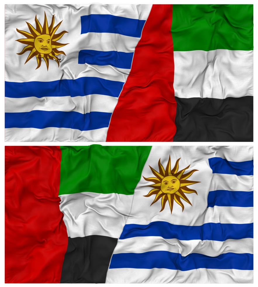 United Arab Emirates and Uruguay Half Combined Flags Background with Cloth Bump Texture, Bilateral Relations, Peace and Conflict, 3D Rendering png