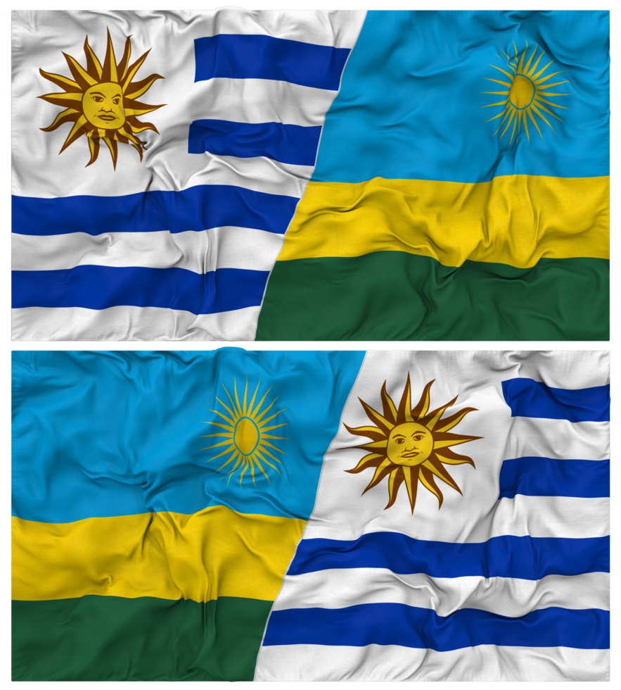 Rwanda and Uruguay Half Combined Flags Background with Cloth Bump Texture, Bilateral Relations, Peace and Conflict, 3D Rendering png
