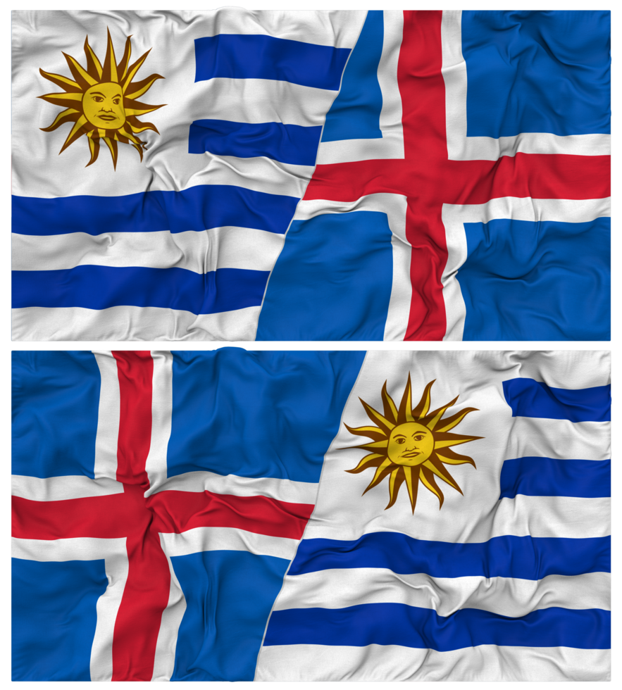 Iceland and Uruguay Half Combined Flags Background with Cloth Bump Texture, Bilateral Relations, Peace and Conflict, 3D Rendering png