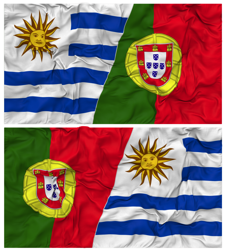 Portugal and Uruguay Half Combined Flags Background with Cloth Bump Texture, Bilateral Relations, Peace and Conflict, 3D Rendering png