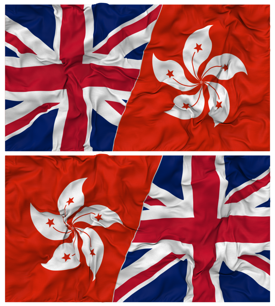 Hong Kong and United Kingdom Half Combined Flags Background with Cloth Bump Texture, Bilateral Relations, Peace and Conflict, 3D Rendering png