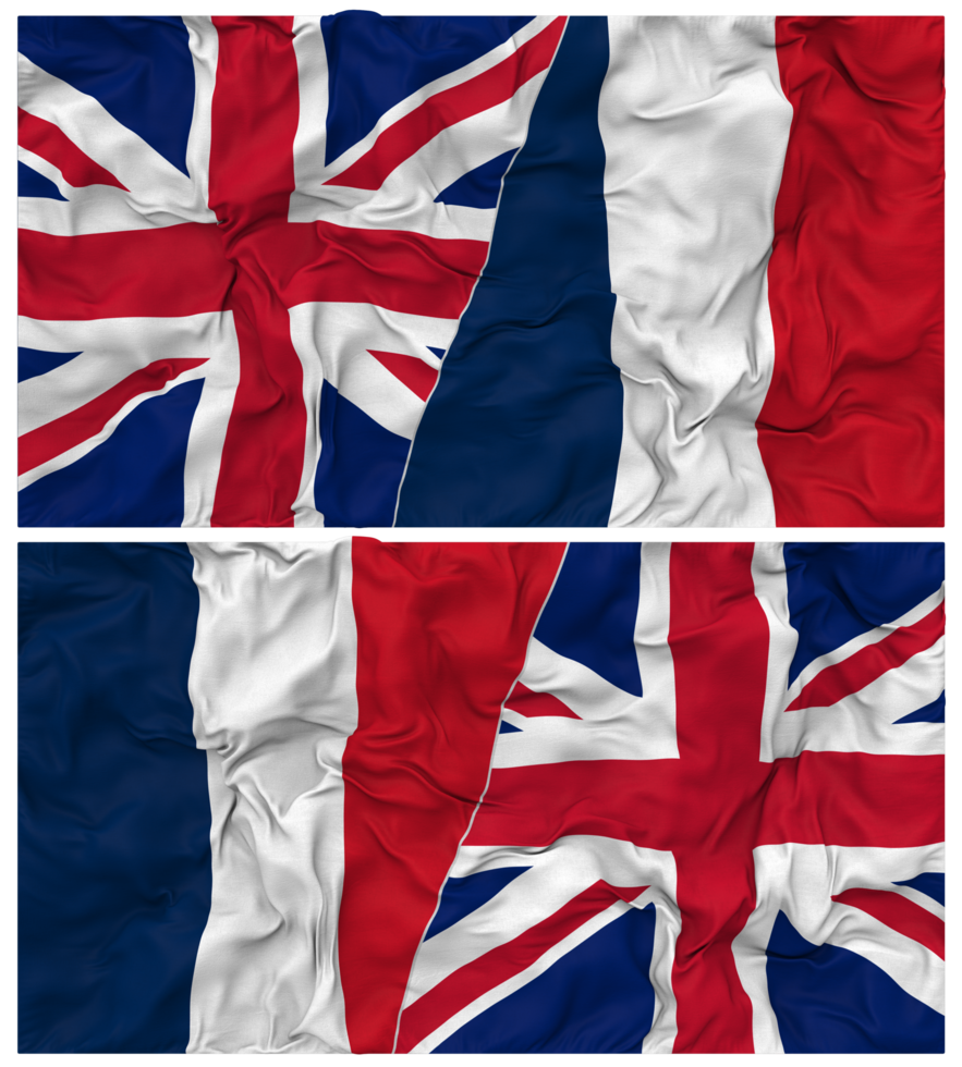 France and United Kingdom Half Combined Flags Background with Cloth Bump Texture, Bilateral Relations, Peace and Conflict, 3D Rendering png