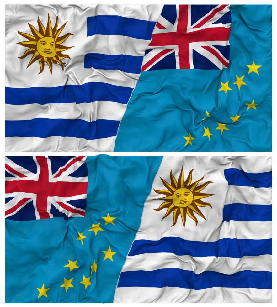 Tuvalu and Uruguay Half Combined Flags Background with Cloth Bump Texture, Bilateral Relations, Peace and Conflict, 3D Rendering png