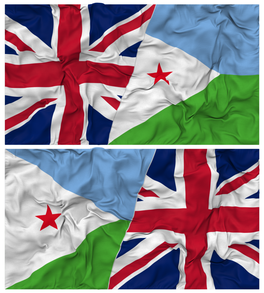 Djibouti and United Kingdom Half Combined Flags Background with Cloth Bump Texture, Bilateral Relations, Peace and Conflict, 3D Rendering png