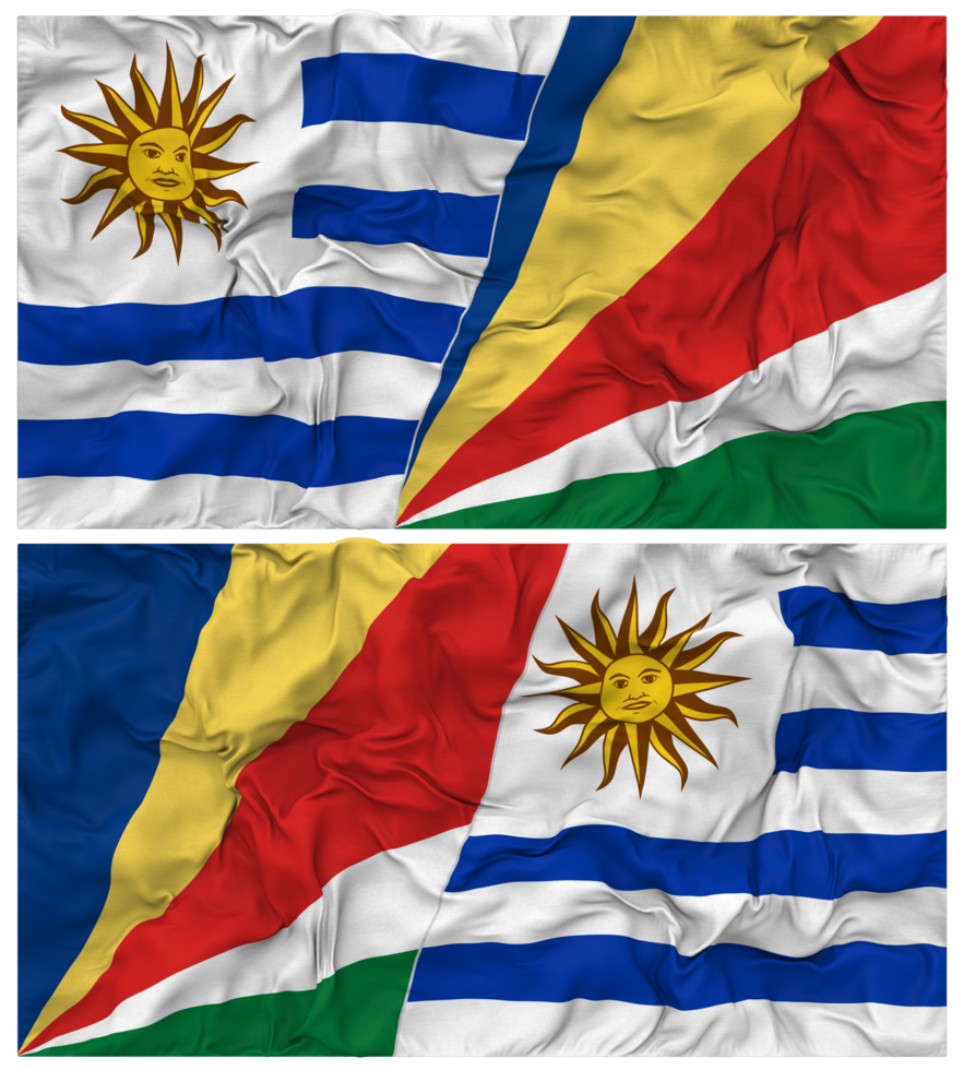Seychelles and Uruguay Half Combined Flags Background with Cloth Bump Texture, Bilateral Relations, Peace and Conflict, 3D Rendering png