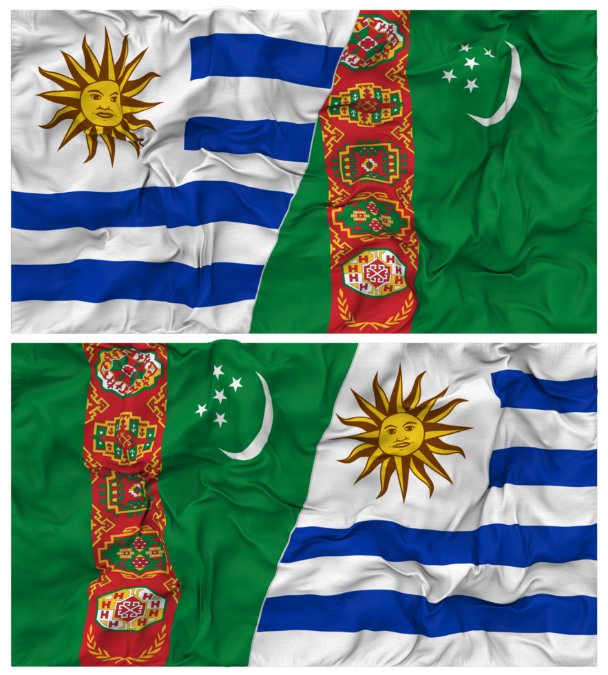 turkménistan et Uruguay moitié combiné drapeaux Contexte avec tissu bosse texture, bilatéral rapports, paix et conflit, 3d le rendu png