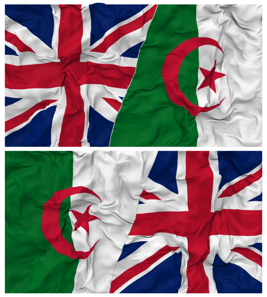 Algeria and United Kingdom Half Combined Flags Background with Cloth Bump Texture, Bilateral Relations, Peace and Conflict, 3D Rendering png