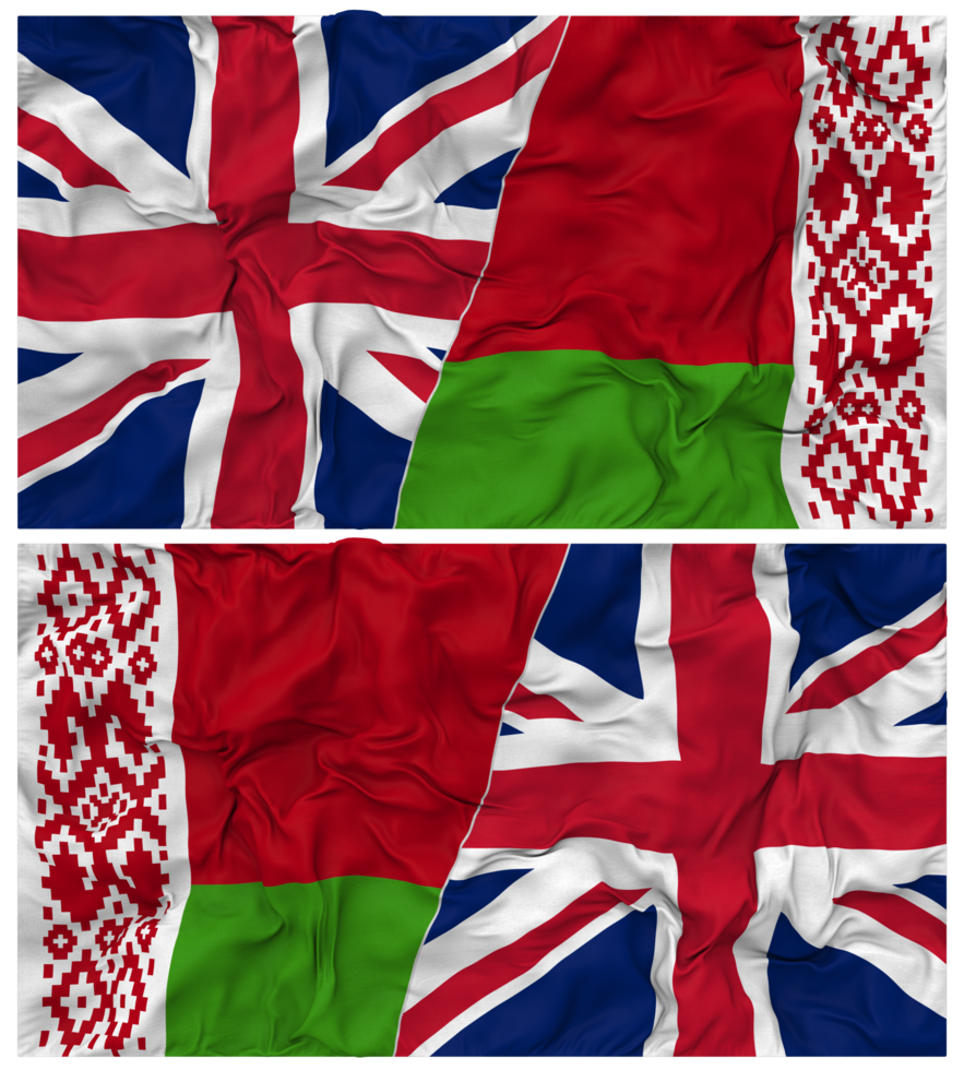 Belarus and United Kingdom Half Combined Flags Background with Cloth Bump Texture, Bilateral Relations, Peace and Conflict, 3D Rendering png