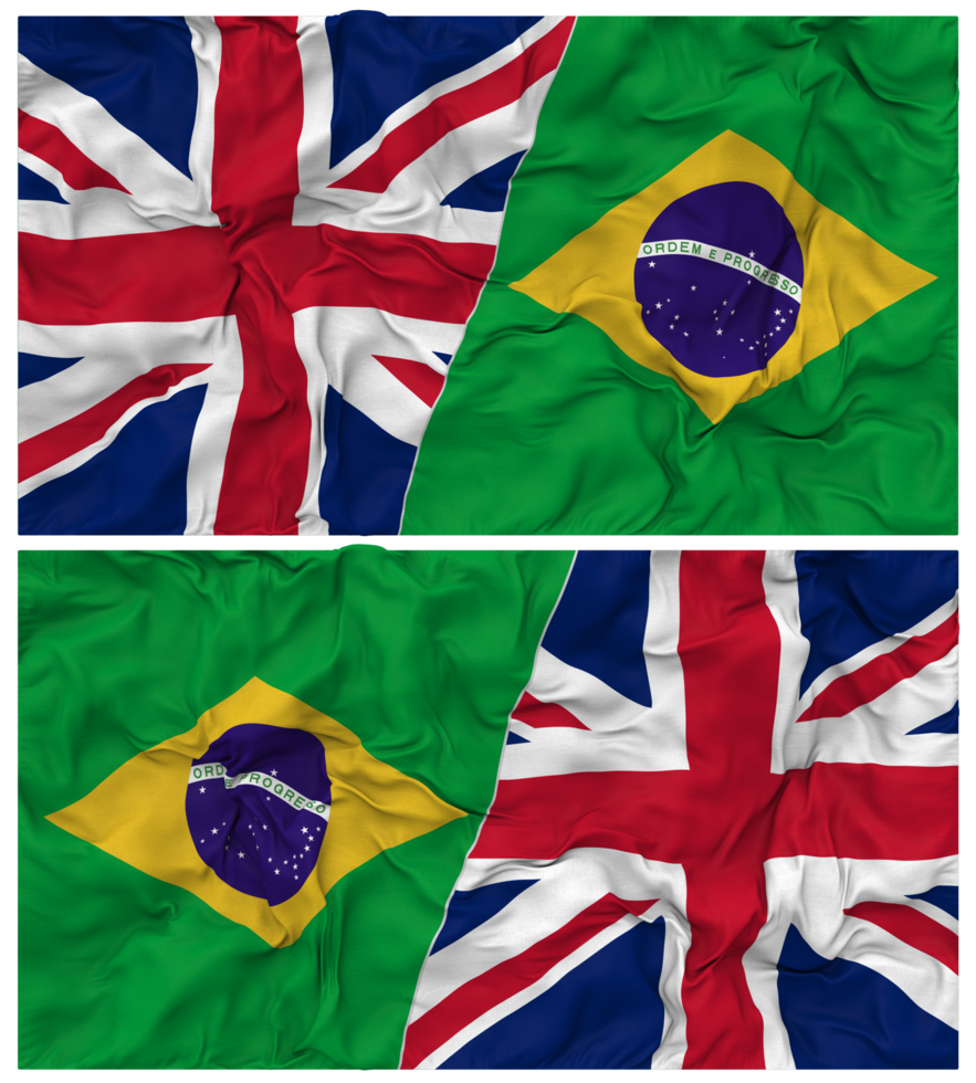 Brazil and United Kingdom Half Combined Flags Background with Cloth Bump Texture, Bilateral Relations, Peace and Conflict, 3D Rendering png