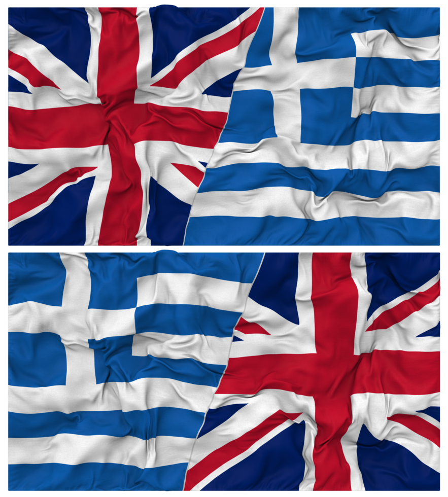 Greece and United Kingdom Half Combined Flags Background with Cloth Bump Texture, Bilateral Relations, Peace and Conflict, 3D Rendering png