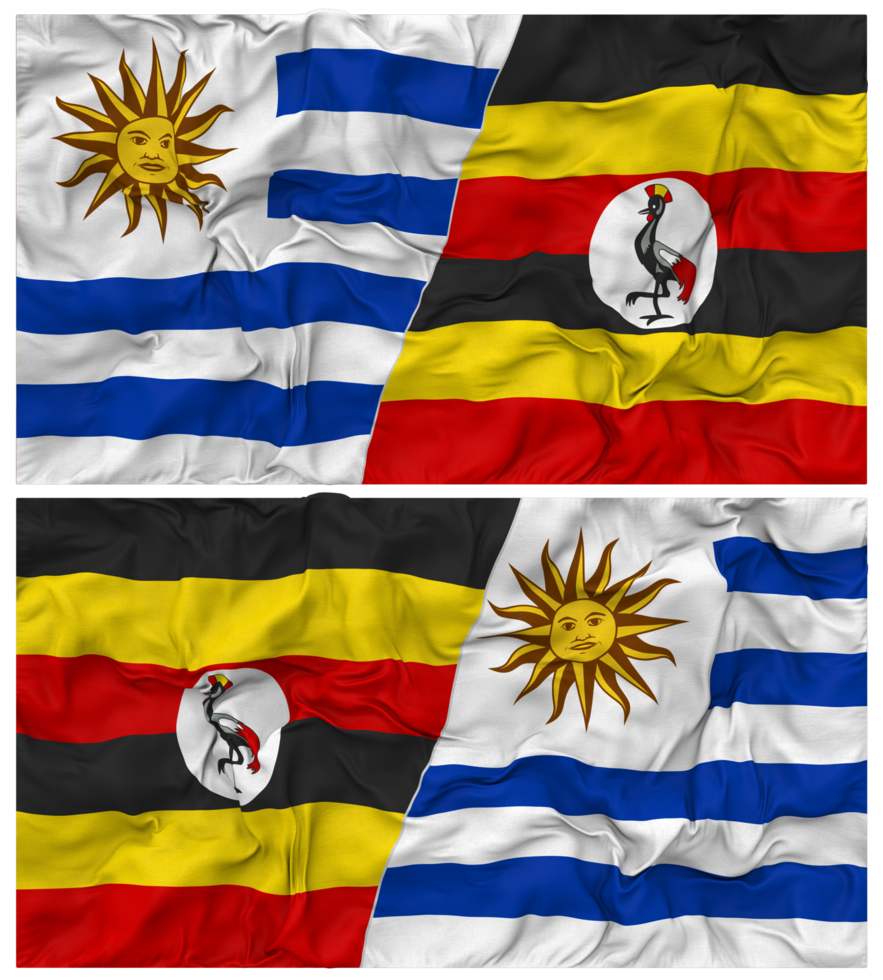 Uganda and Uruguay Half Combined Flags Background with Cloth Bump Texture, Bilateral Relations, Peace and Conflict, 3D Rendering png