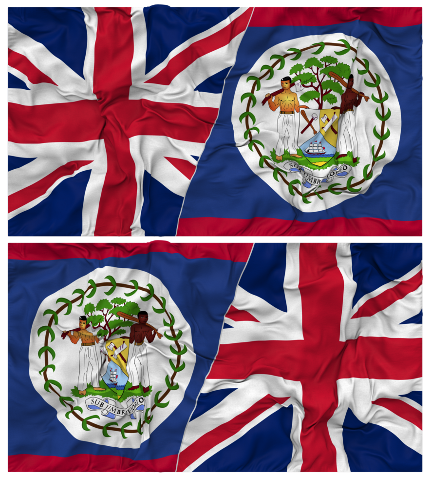 Belize and United Kingdom Half Combined Flags Background with Cloth Bump Texture, Bilateral Relations, Peace and Conflict, 3D Rendering png