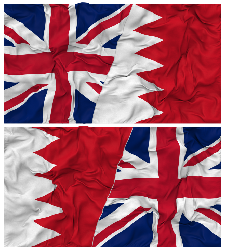 Bahrain and United Kingdom Half Combined Flags Background with Cloth Bump Texture, Bilateral Relations, Peace and Conflict, 3D Rendering png