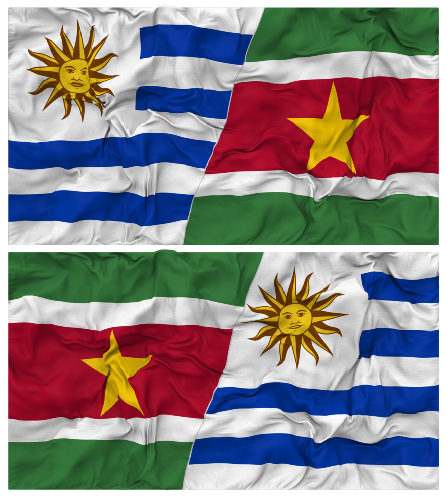 Suriname and Uruguay Half Combined Flags Background with Cloth Bump Texture, Bilateral Relations, Peace and Conflict, 3D Rendering png