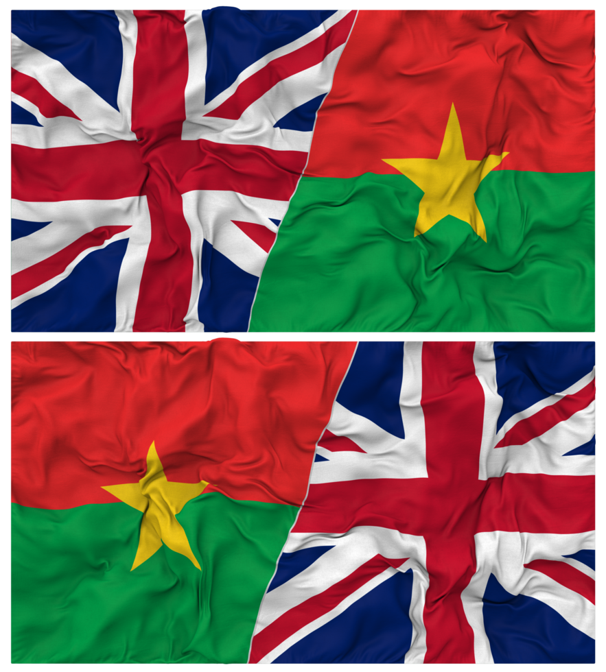 Burkina Faso and United Kingdom Half Combined Flags Background with Cloth Bump Texture, Bilateral Relations, Peace and Conflict, 3D Rendering png