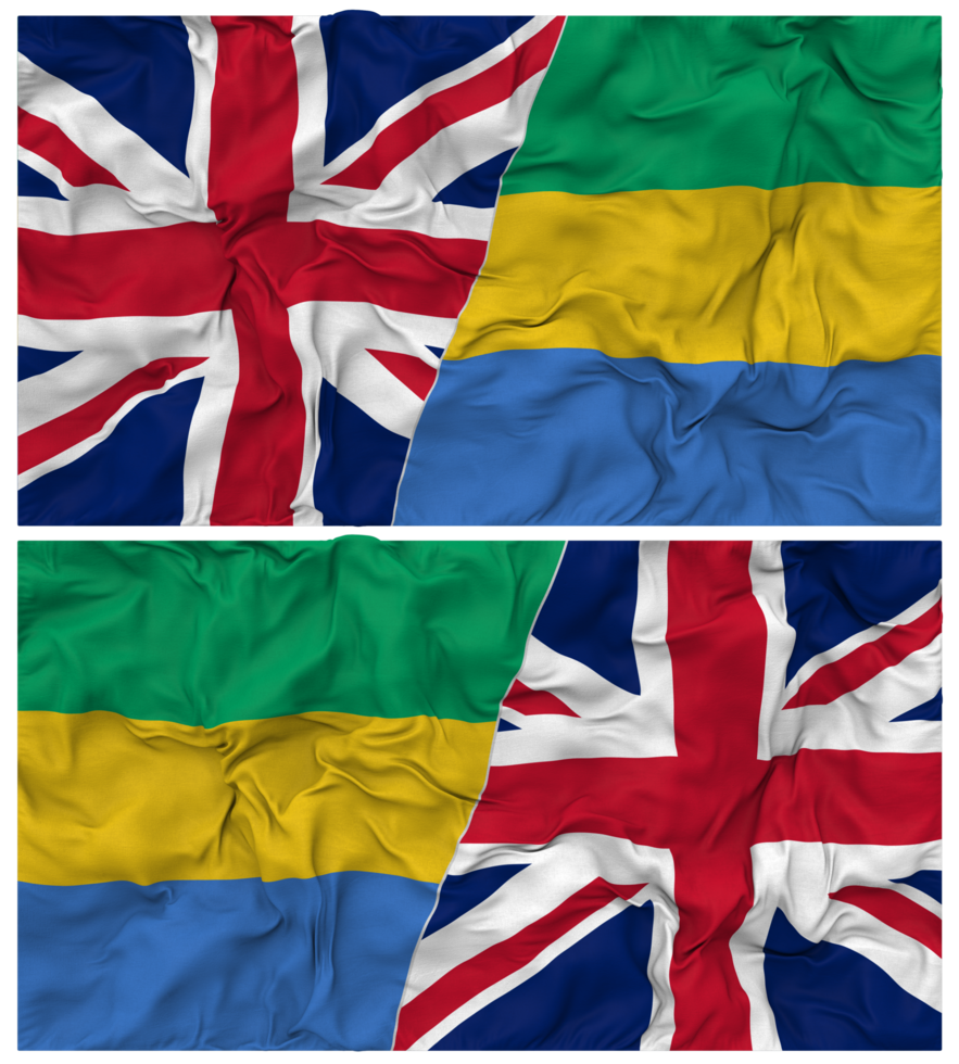 Gabon and United Kingdom Half Combined Flags Background with Cloth Bump Texture, Bilateral Relations, Peace and Conflict, 3D Rendering png