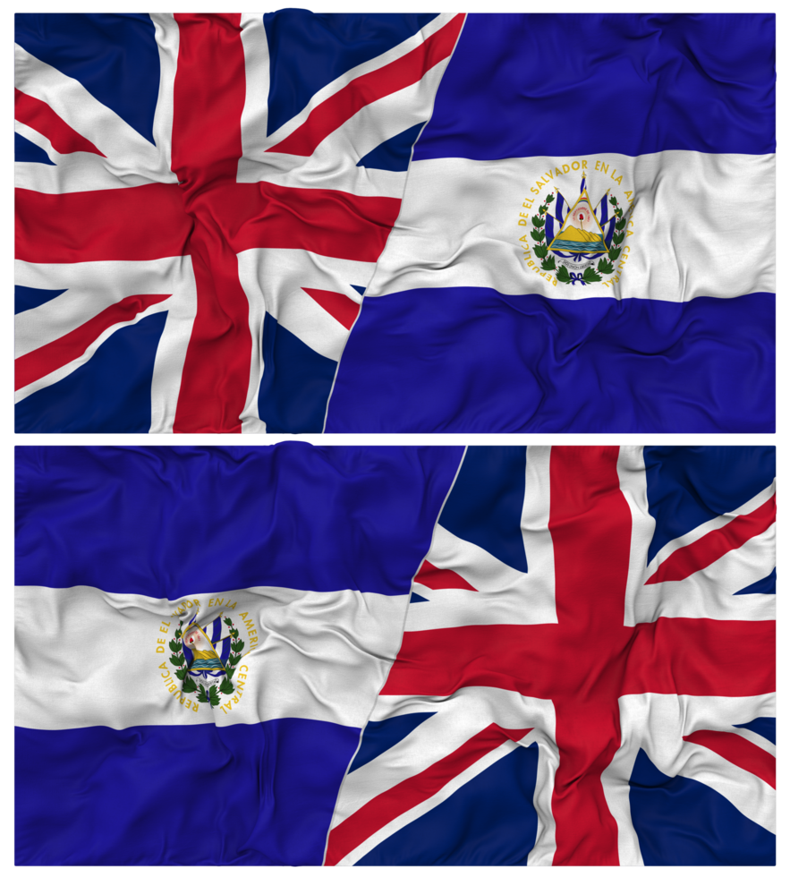 El Salvador and United Kingdom Half Combined Flags Background with Cloth Bump Texture, Bilateral Relations, Peace and Conflict, 3D Rendering png