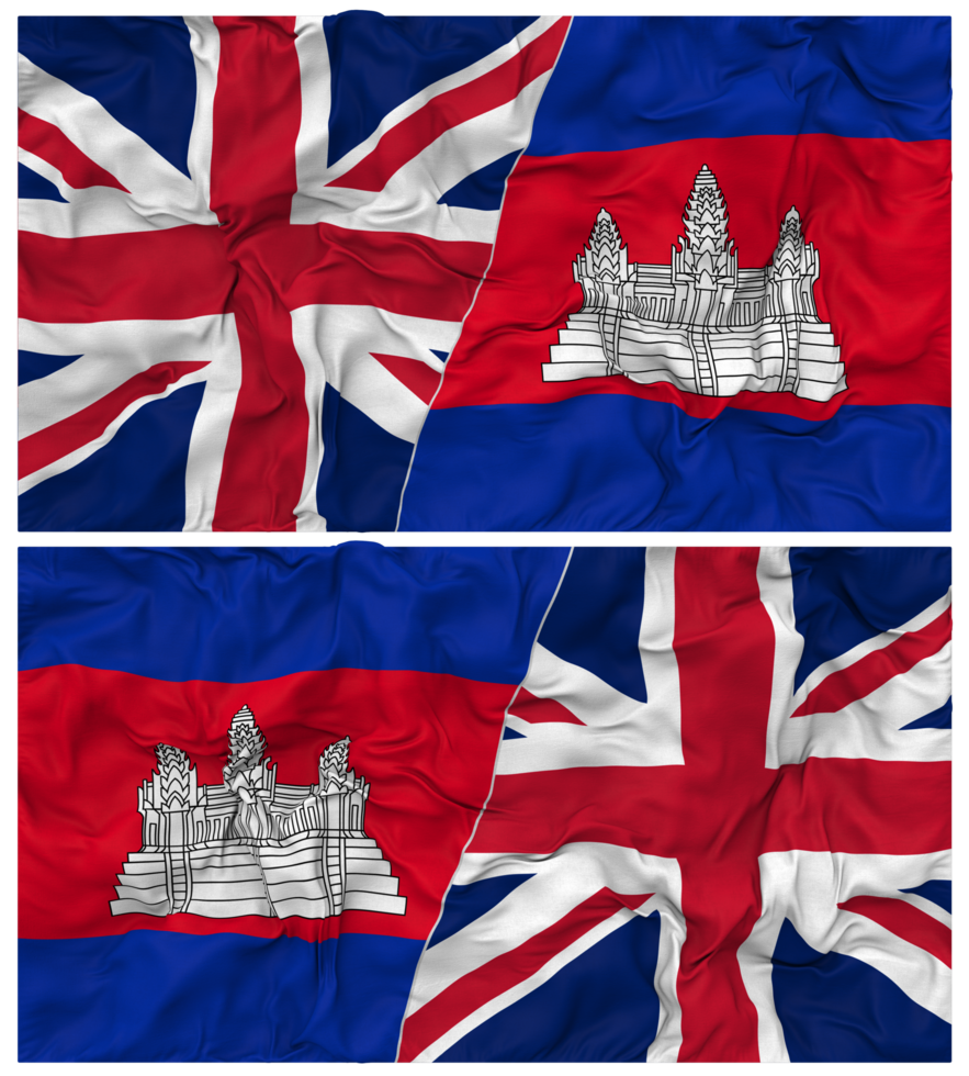 Cambodia and United Kingdom Half Combined Flags Background with Cloth Bump Texture, Bilateral Relations, Peace and Conflict, 3D Rendering png