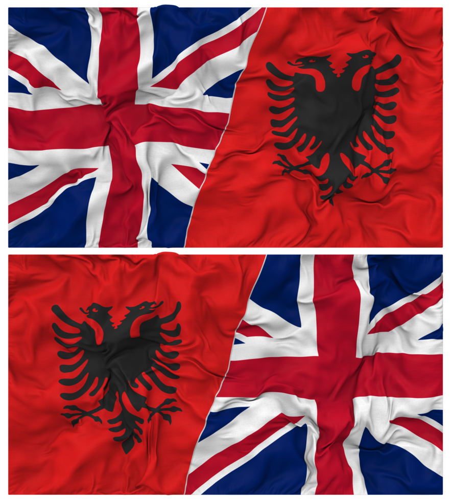 Albania y unido Reino medio conjunto banderas antecedentes con paño bache textura, bilateral relaciones, paz y conflicto, 3d representación png