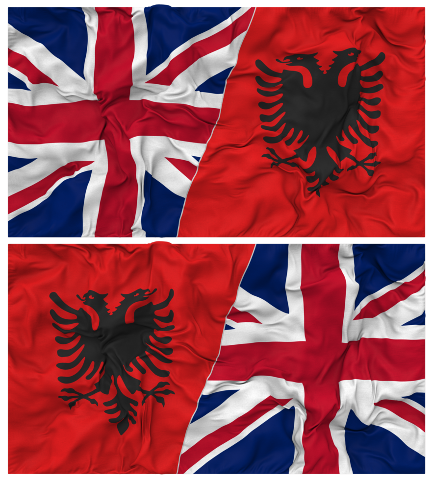 Albania and United Kingdom Half Combined Flags Background with Cloth Bump Texture, Bilateral Relations, Peace and Conflict, 3D Rendering png