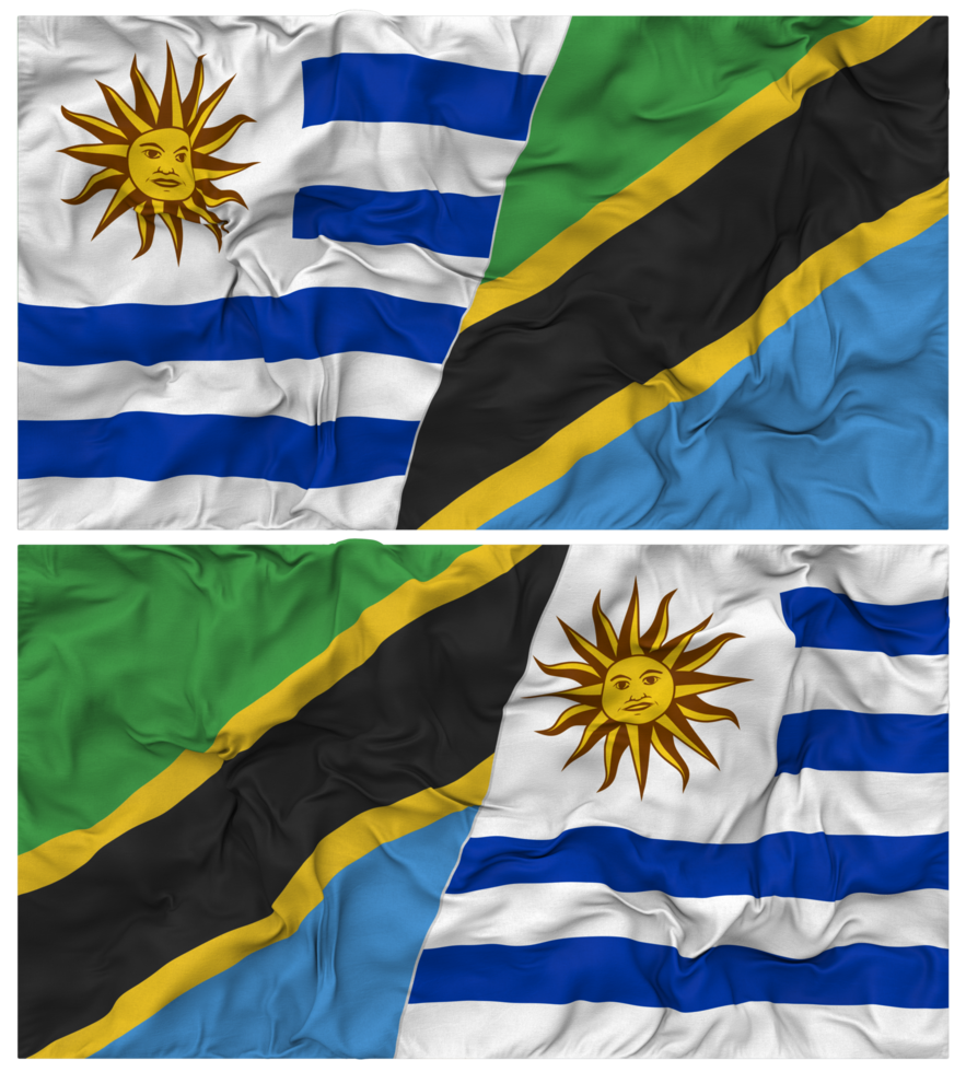 Tanzania and Uruguay Half Combined Flags Background with Cloth Bump Texture, Bilateral Relations, Peace and Conflict, 3D Rendering png