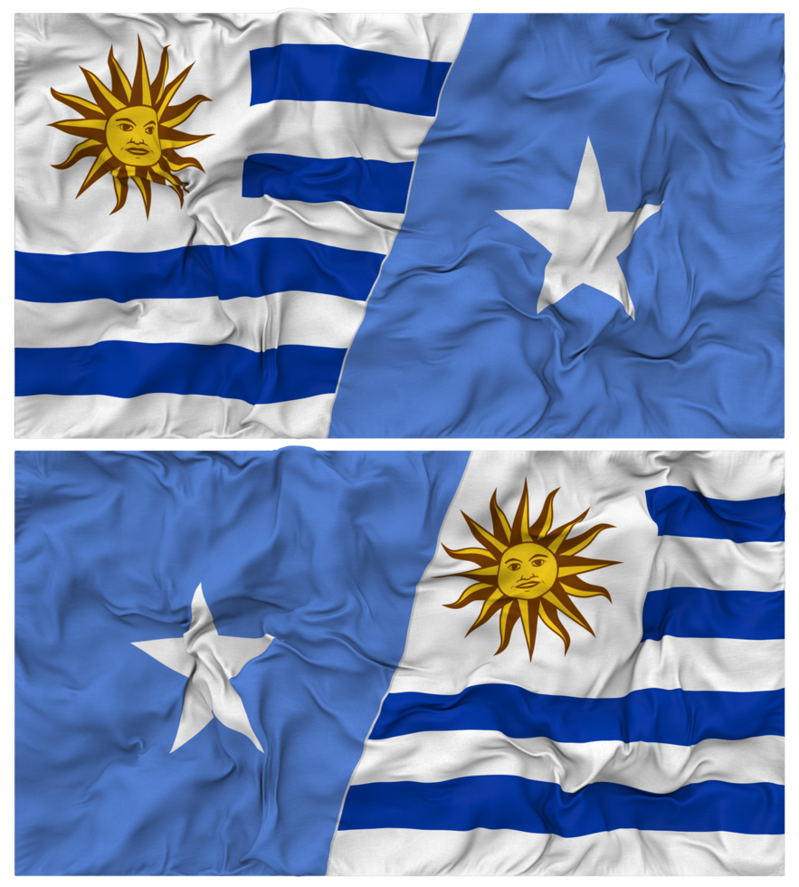 Somalia and Uruguay Half Combined Flags Background with Cloth Bump Texture, Bilateral Relations, Peace and Conflict, 3D Rendering png