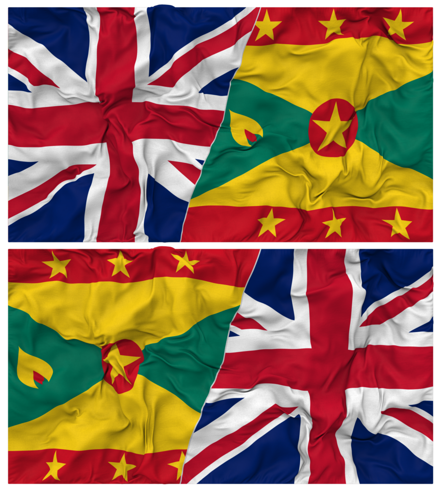 Grenada and United Kingdom Half Combined Flags Background with Cloth Bump Texture, Bilateral Relations, Peace and Conflict, 3D Rendering png