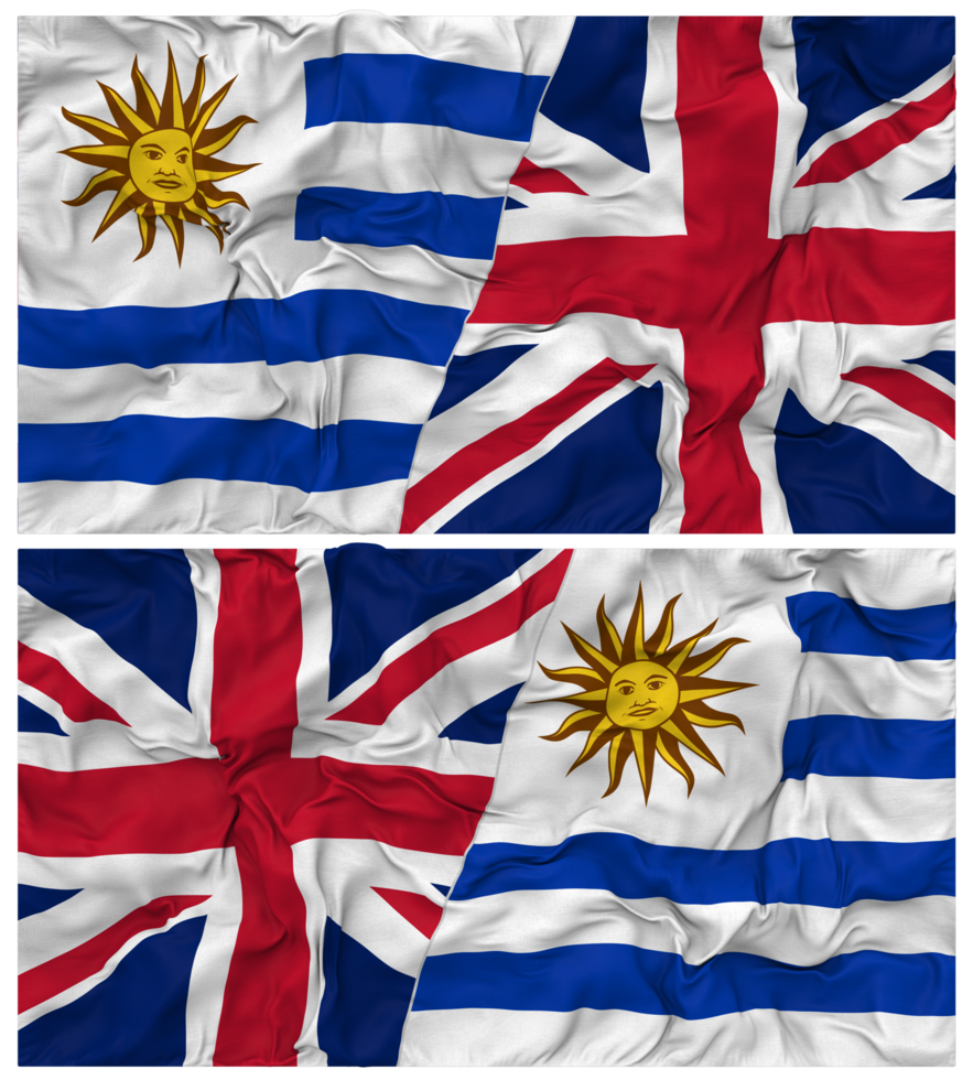 United Kingdom and Uruguay Half Combined Flags Background with Cloth Bump Texture, Bilateral Relations, Peace and Conflict, 3D Rendering png