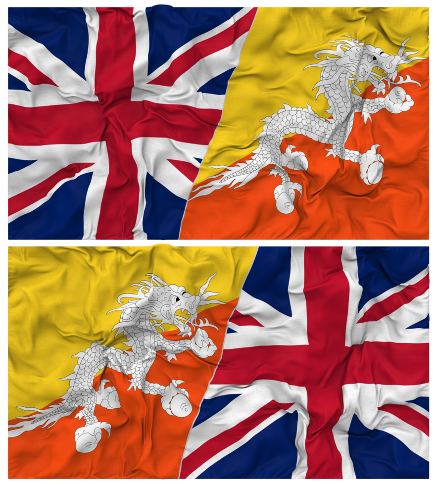 Bhutan and United Kingdom Half Combined Flags Background with Cloth Bump Texture, Bilateral Relations, Peace and Conflict, 3D Rendering png