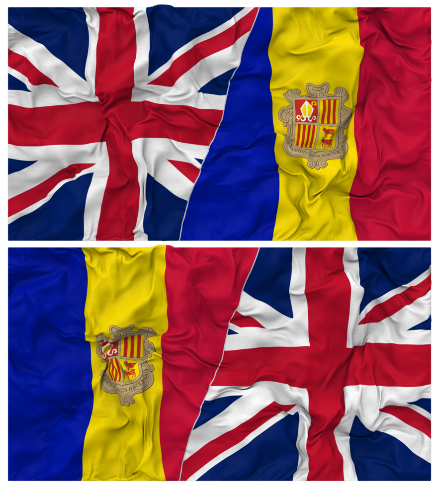 Andorra and United Kingdom Half Combined Flags Background with Cloth Bump Texture, Bilateral Relations, Peace and Conflict, 3D Rendering png