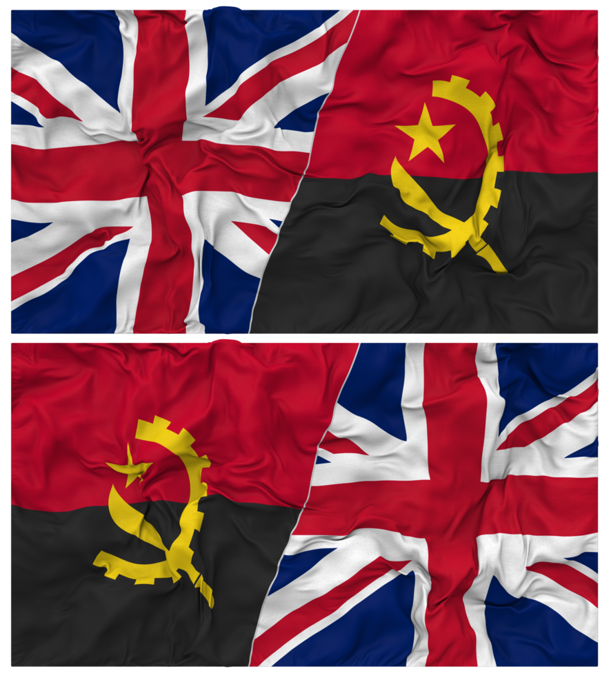 Angola and United Kingdom Half Combined Flags Background with Cloth Bump Texture, Bilateral Relations, Peace and Conflict, 3D Rendering png