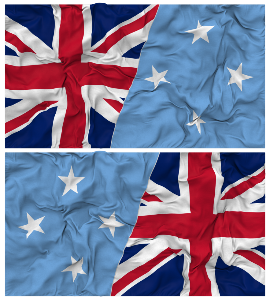 Federated States of Micronesia and United Kingdom Half Combined Flags Background with Cloth Bump Texture, Bilateral Relations, Peace and Conflict, 3D Rendering png