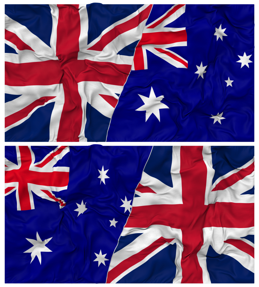 Australia and United Kingdom Half Combined Flags Background with Cloth Bump Texture, Bilateral Relations, Peace and Conflict, 3D Rendering png