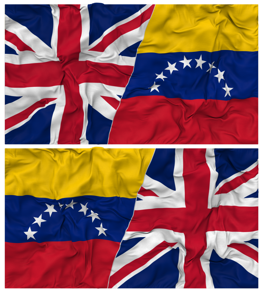 Bolivarian Republic of Venezuela and United Kingdom Half Combined Flags Background with Cloth Bump Texture, Bilateral Relations, Peace and Conflict, 3D Rendering png