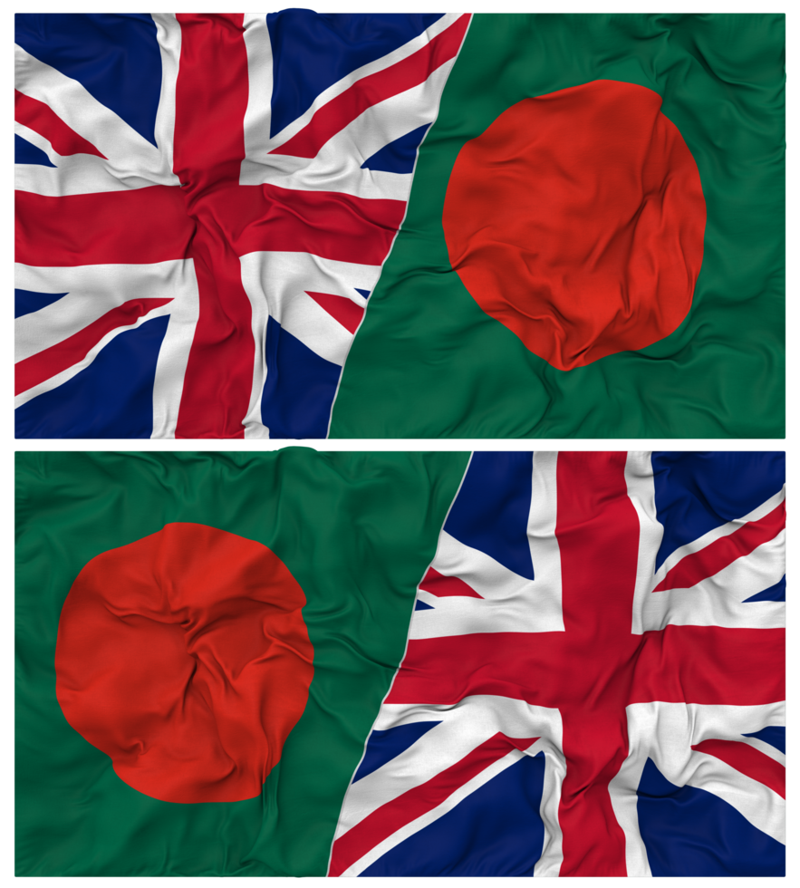 Bangladesh y unido Reino medio conjunto banderas antecedentes con paño bache textura, bilateral relaciones, paz y conflicto, 3d representación png