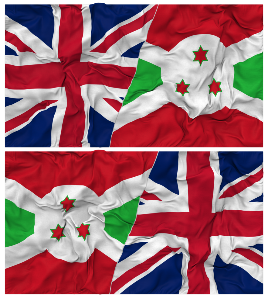 Burundi and United Kingdom Half Combined Flags Background with Cloth Bump Texture, Bilateral Relations, Peace and Conflict, 3D Rendering png