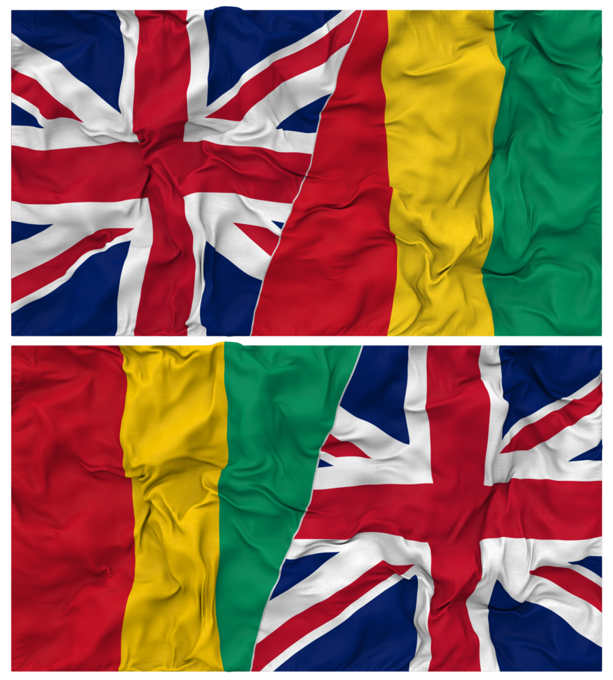 Guinea and United Kingdom Half Combined Flags Background with Cloth Bump Texture, Bilateral Relations, Peace and Conflict, 3D Rendering png