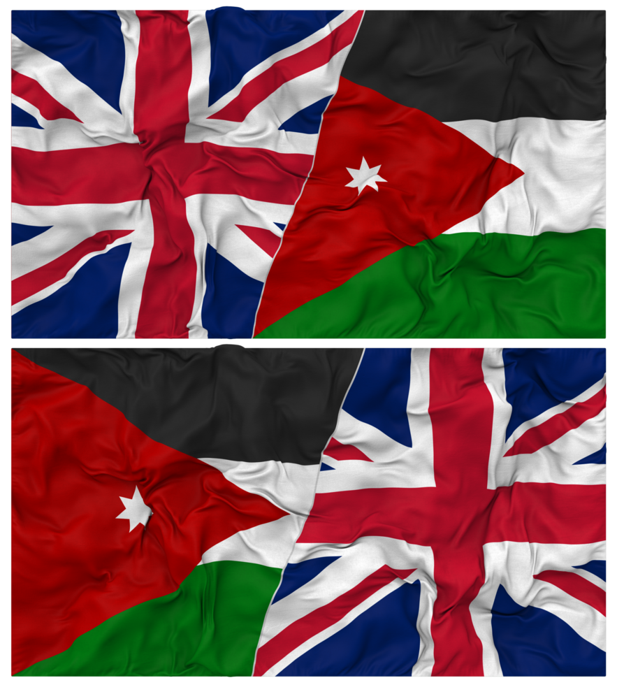 Jordan and United Kingdom Half Combined Flags Background with Cloth Bump Texture, Bilateral Relations, Peace and Conflict, 3D Rendering png