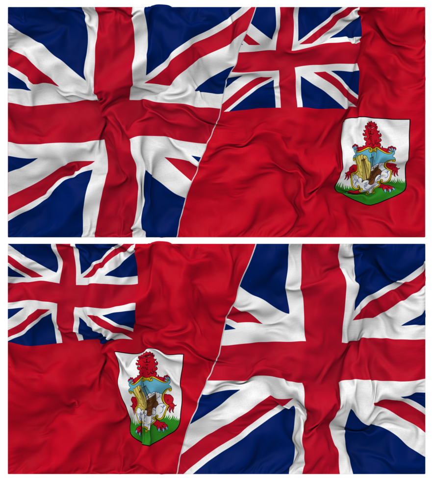 Bermuda and United Kingdom Half Combined Flags Background with Cloth Bump Texture, Bilateral Relations, Peace and Conflict, 3D Rendering png