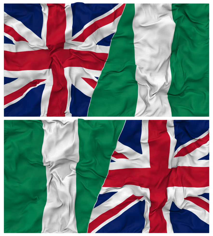 Nigeria and United Kingdom Half Combined Flags Background with Cloth Bump Texture, Bilateral Relations, Peace and Conflict, 3D Rendering png
